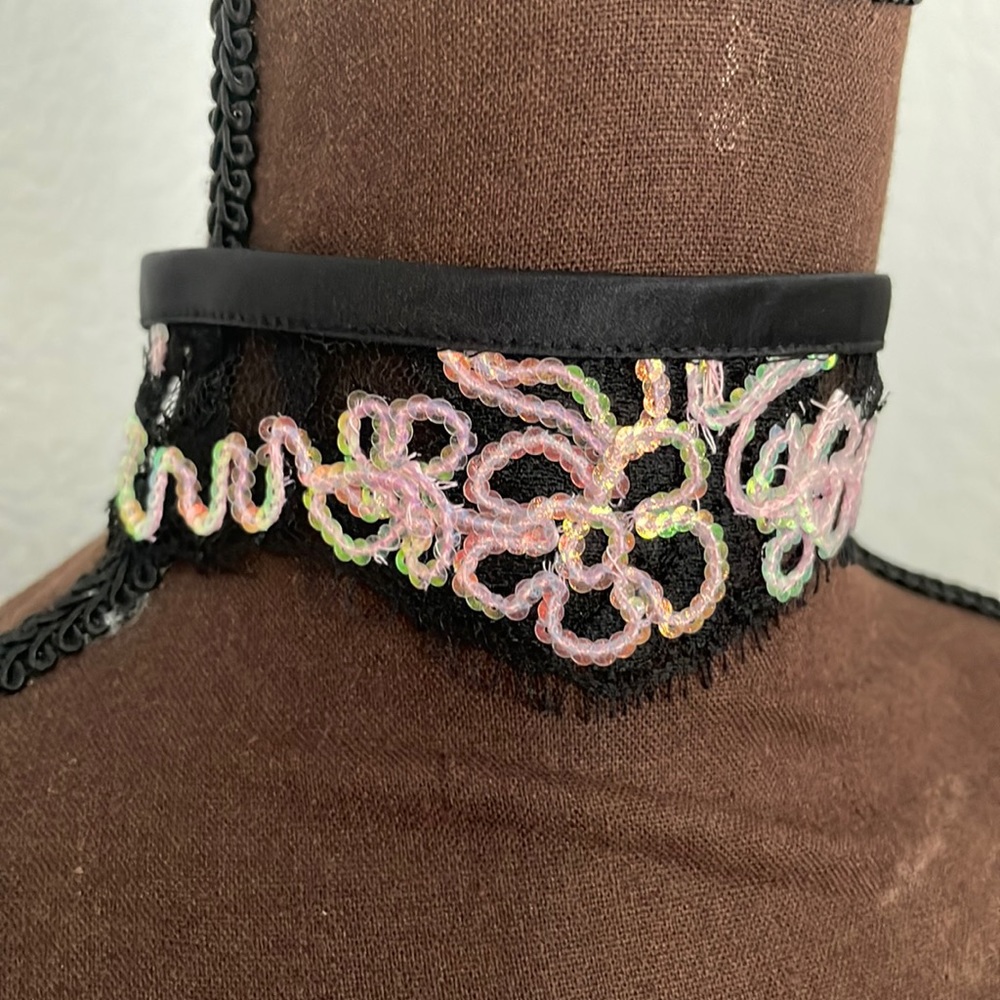 Fleur du Mal Black Lace Choker with Pastel Sequin Embroidery